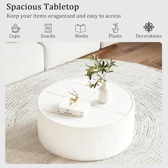 Round Coffee Table Set with Sintered Stone Tabletop, 29.52" White Drum Center Table and 17.71" Grey Coffee Table Set, 2 Pieces Living Room Table Set with Fluted PU Leather Cover& Stable Base