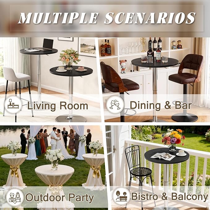 Shahoo Round Bar Table, Adjustable Height and 360° Swivel Bistro Pub Table, Cooktail Table for Bar, Bistro, Dining Room, Black with Silver Base