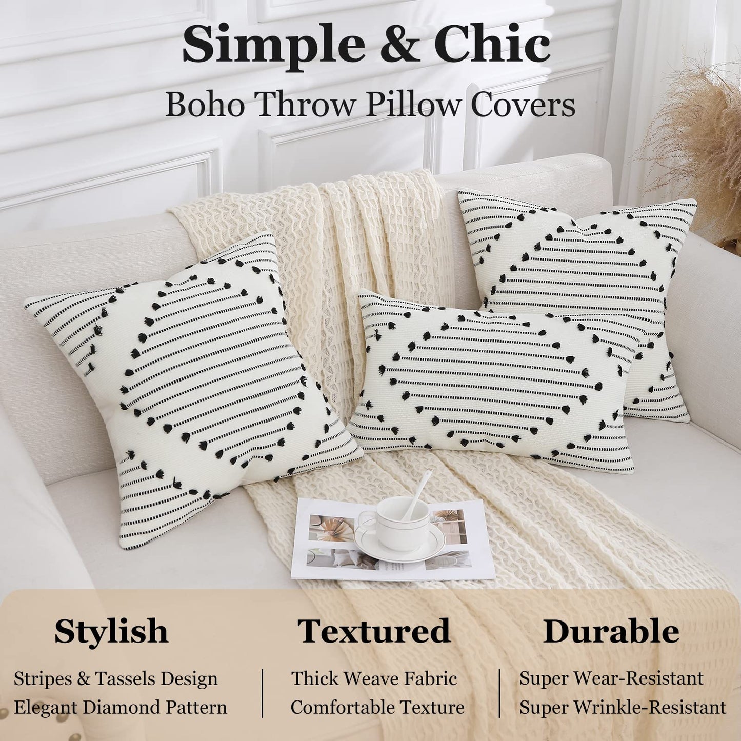 Mecatny Boho Outdoor Throw Pillow Covers 18X18 Set of 2, Farmhouse Decorative Summer Pillow Covers for Couch Sofa Living Room, Black & Cream White
