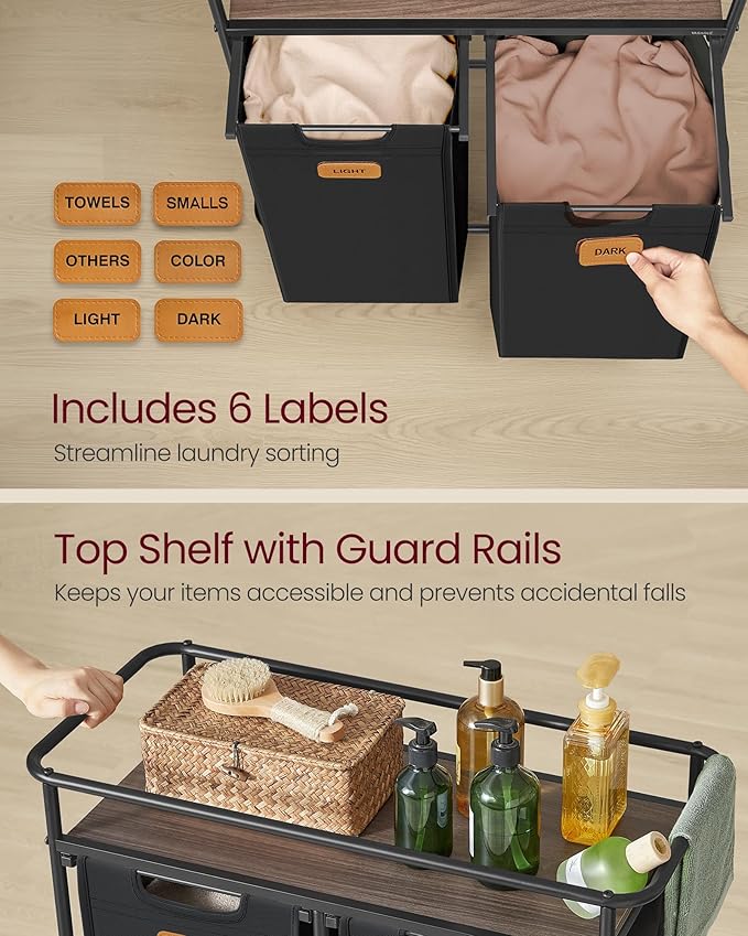 VASAGLE Laundry Sorter, Laundry Hamper with Wheels, 26.4 Gal. (100 L) Portable Rolling Cart Baskets with Shelf, 2 Removable Liners and 6 Labels, Ink Black and Chestnut Brown UBLH102BH01