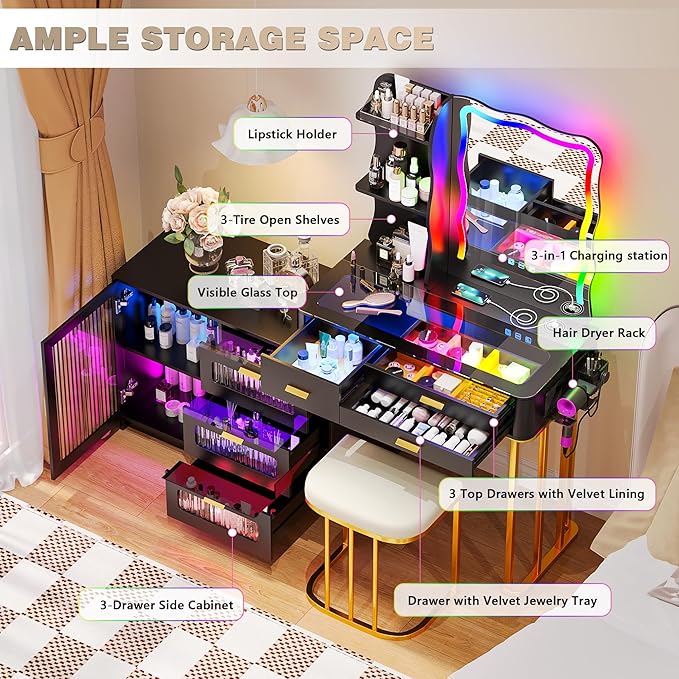 RGB Makeup Vanity Desk with Wireless Charging Station,7 Dynamic and 7 Static Dimmable Vanity Table with Glass Desktop,Vanity Mirror with Lights Desk and Chair,8 Drawers,Stool