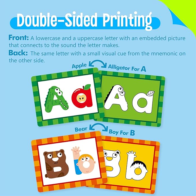 Alphabet Picture Mnemonic Cards, 26 Uppercase & Lowercase Letter Learning Cards for Kids Letter Cognition, ABC Montessori Early Learning Tool for Toddlers, Classroom & Home Activity