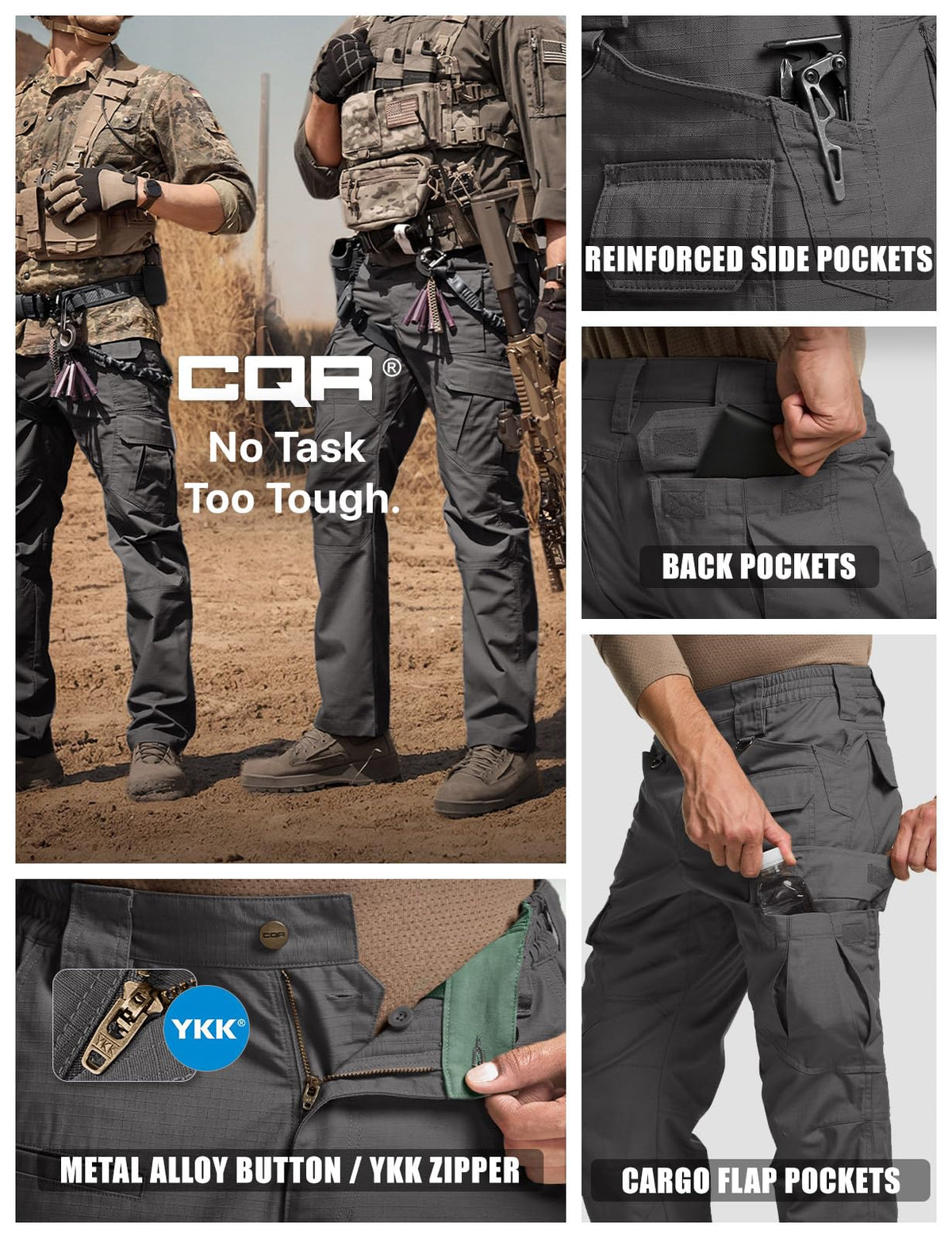 CQR Men's Tactical Pants, Water Resistant Ripstop Cargo Pants, Lightweight EDC Work Hiking Pants, Outdoor Apparel, Duratex Mag Pocket Charcoal, 36W x 36L