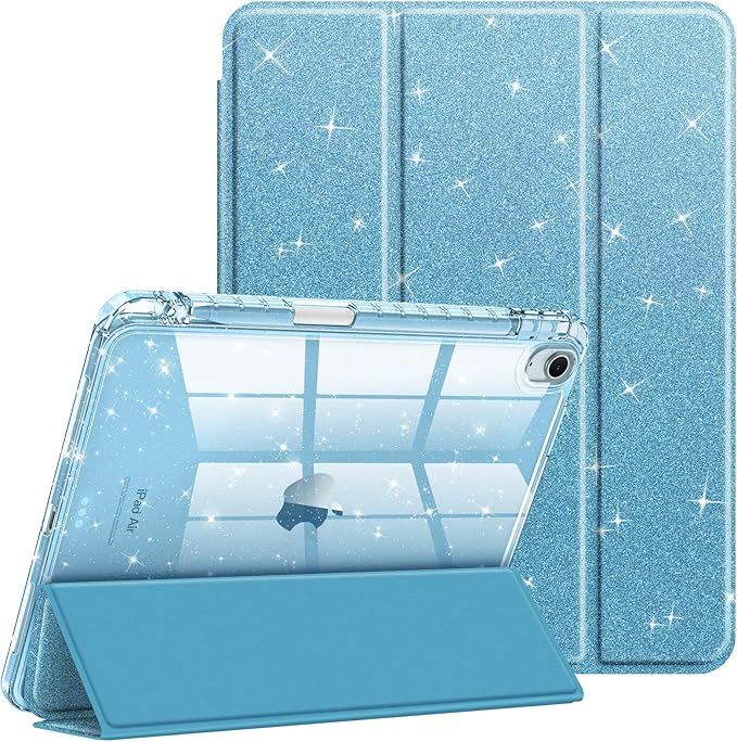 Fintie Slim Case with Pencil Holder for iPad Air 11-inch M4/M3/M2 (2026/2025/2024), iPad Air 5th (2022) / 4th Generation 10.9 Inch - Glittering Sparkly Cover with Shiny Clear Back Shell, Blue