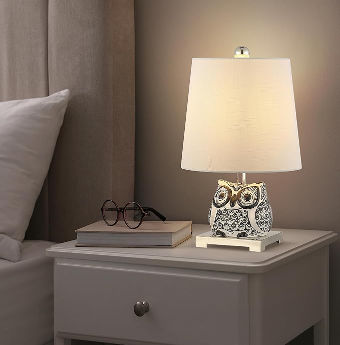 JONATHAN Y 16" Black/White Ceramic Owl Mini Table Lamp for Bedroom or Office, Modern Farmhouse Nightstand Lamp with White Linen Shade, LED Bulb Included (JYL3014C)