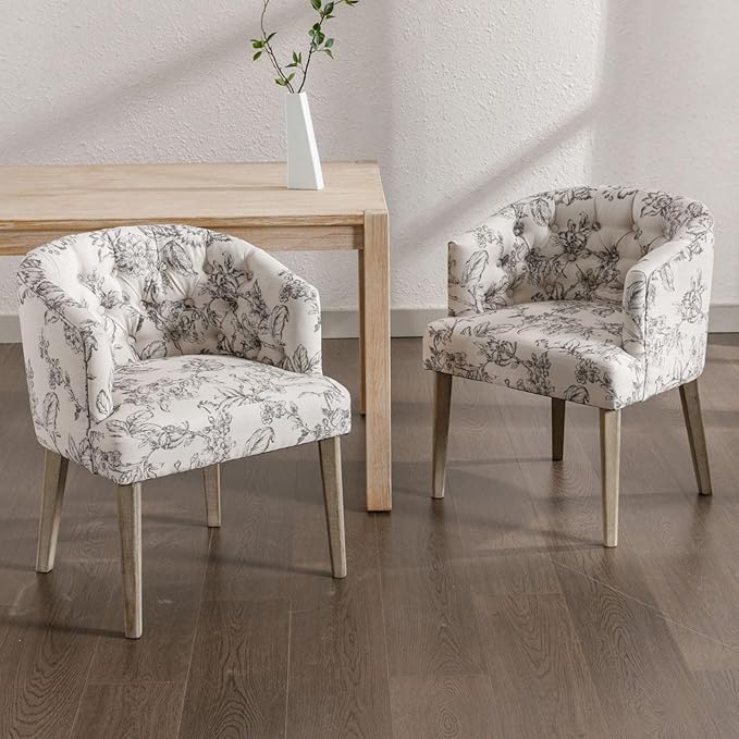DUOMAY Modern Tufted Dining Chairs Set of 6, Linen Upholstered Side Chair, Comfy Accent Barrel Chair with Wood Legs for Home Kitchen Dining Room Living Room Restaurant, Beige Flower Pattern