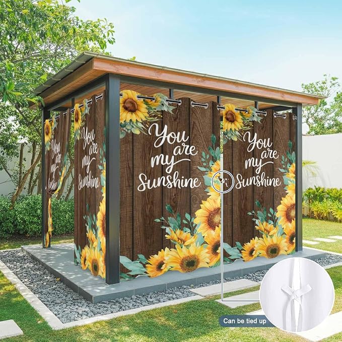 Summer Outdoor Curtains for Patio Sunflowers Eucalyptus Leaves Wood Waterproof