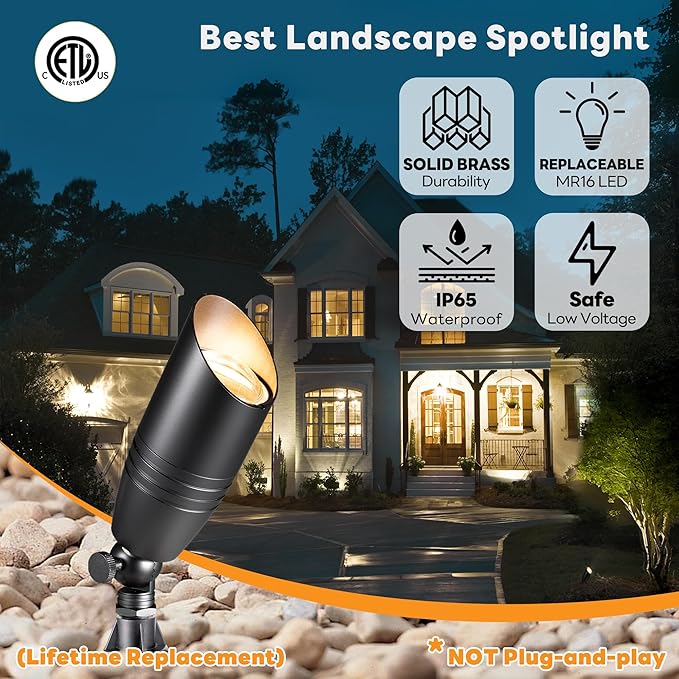Die-Cast Brass Spot Light Outdoor - 12V LED Uplighting Waterproof, Low Voltage Landscape Lights Bright, Metal Direct Wire Black for Fence Fountain Without MR16 Bulbs (12 Pack)