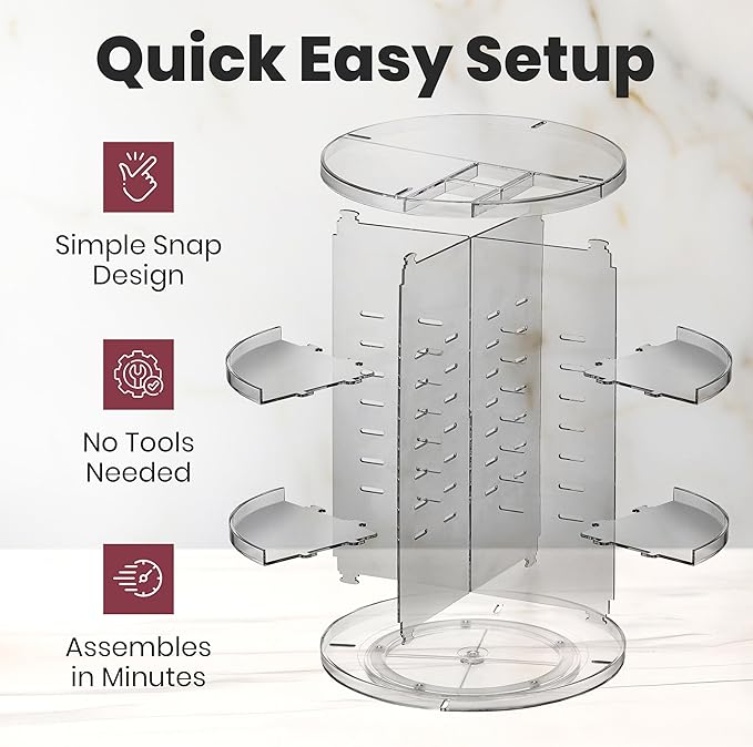Masirs 360 Rotating Makeup Organizer - Adjustable Shelf Height and Fully Rotatable - The Perfect Round Spinning Cosmetic Organizer for Bedroom Dresser or Vanity Countertop Storage (Clear)