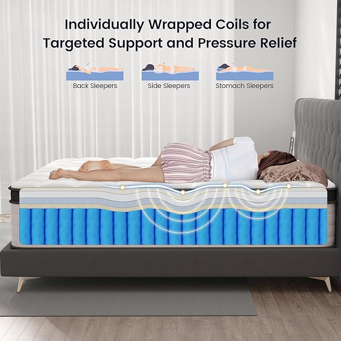 King Mattress, 16 Inch Hybrid King Size Mattress, Plush Firm, Memory Foam and Pocket Springs, 3 Coils Strong Edge Support, Pressure Relief, Bed in Box