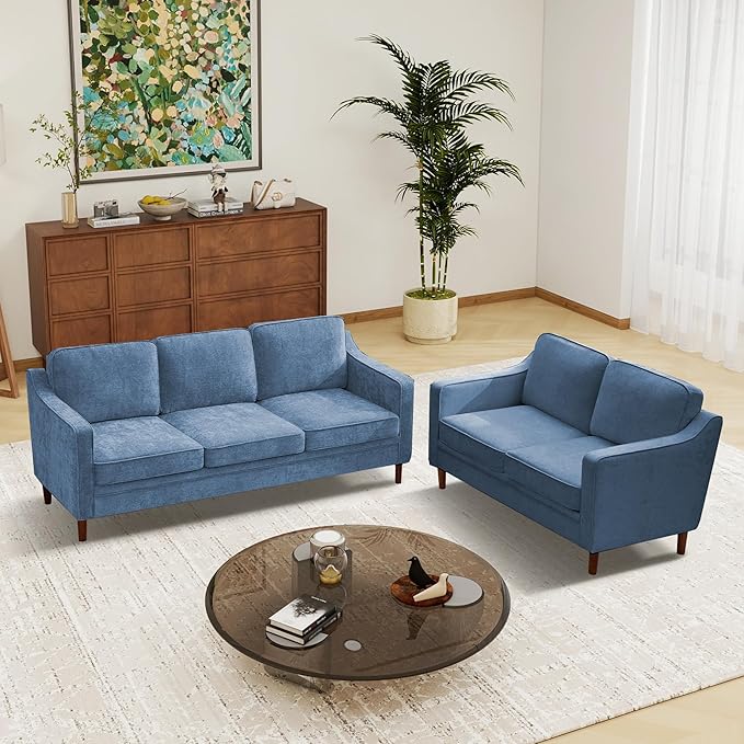 Kingfun Living Room Furniture Sets, 3 Seater Couch and Loveseat, Mid Century Modern Sofa Set, Chenille Couch with Solid Wood Frame for Living Room & Bedroom, Light Blue