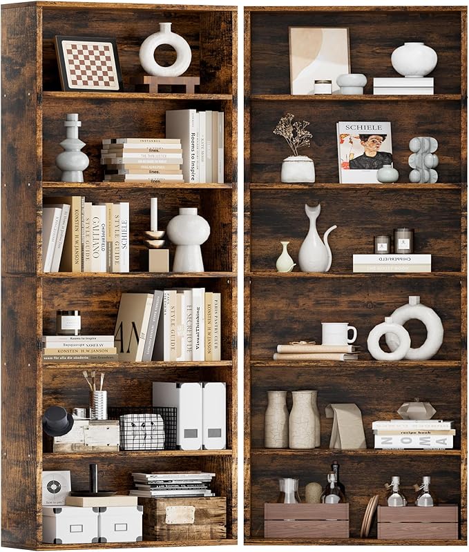 JAMFLY Narrow Tall Bookshelf 6 Shelf Bookcase Vertical Storage, Slim Profile Tall Narrow Storage Unit for Home Office, Living Room, Bedroom, Vintage Brown, Set of 2