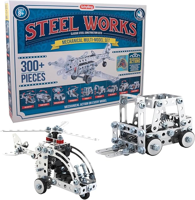 Schylling Steel Works Mechanical Multi-Model - Steel Building Set - Includes 300 Pieces, Tools, and Instructions to Make 10 Different Models - Ages 8 and Up