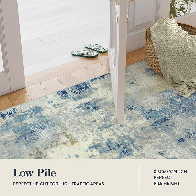 Lahome Modern Abstract Area Rug 3x5, Washable Bedroom Rug Soft Throw Entry Mat Contemporary Faux Wool Non-Slip Stain Resistant Carpet for Living Room Kitchen Bath Office, Blue/Yellow/Ivory