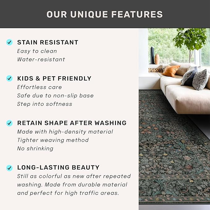Non Slip 2x6 Kitchen Runner Rug Washable, Rubber Backed Hallway Runner Rugs, Boho Vintage Floral Botanical Dark Green Non Skid Carpet for Entryway, Bathroom, Hall Way Mats for Floor