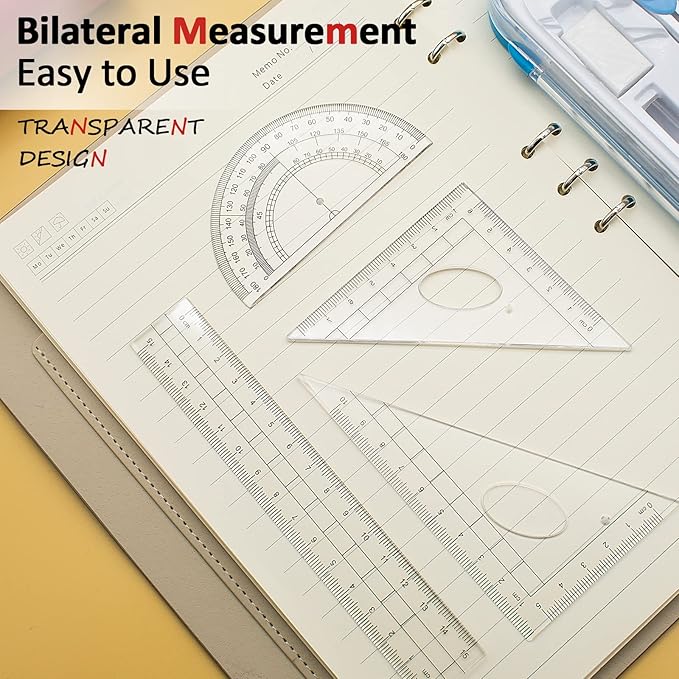 Geometry Set 10 Pcs Student Supplies with Storage Box, Includes 3 PCS Rulers, 2 Types Compasses, Protractor, Pencil, Pencil Sharpener, Eraser and Pencil Lead for Drafting and Drawings