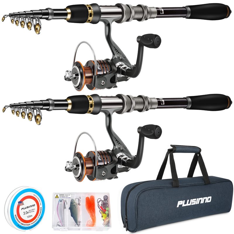 PLUSINNO Telescopic Fishing Rod and Reel Combos Full Kit, Carbon Fiber Fishing Pole, 12 +1 Shielded Bearings Stainless Steel BB Spinning Reel(2pack)