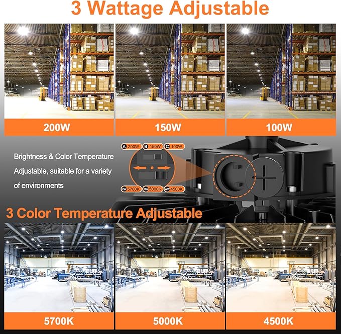 9Pack LED High Bay Lights, 200W UFO High Bay LED Shop Lights, 30000LM Adjustable CCT(5700K 5000K 4500K) & Power(200W 150W 100W), 0-10V Dimmable, 5' Cable Plug, IP65 Waterproof, ETL & DLC Listed
