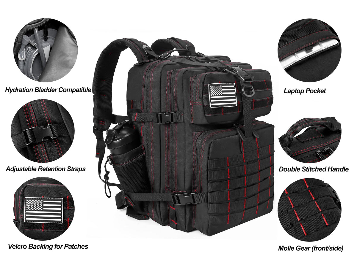 LHI Military Tactical Backpack for Men and Women 45L Army 3 Days Assault Pack Bag Large Rucksack with Molle System - Black With Red Line