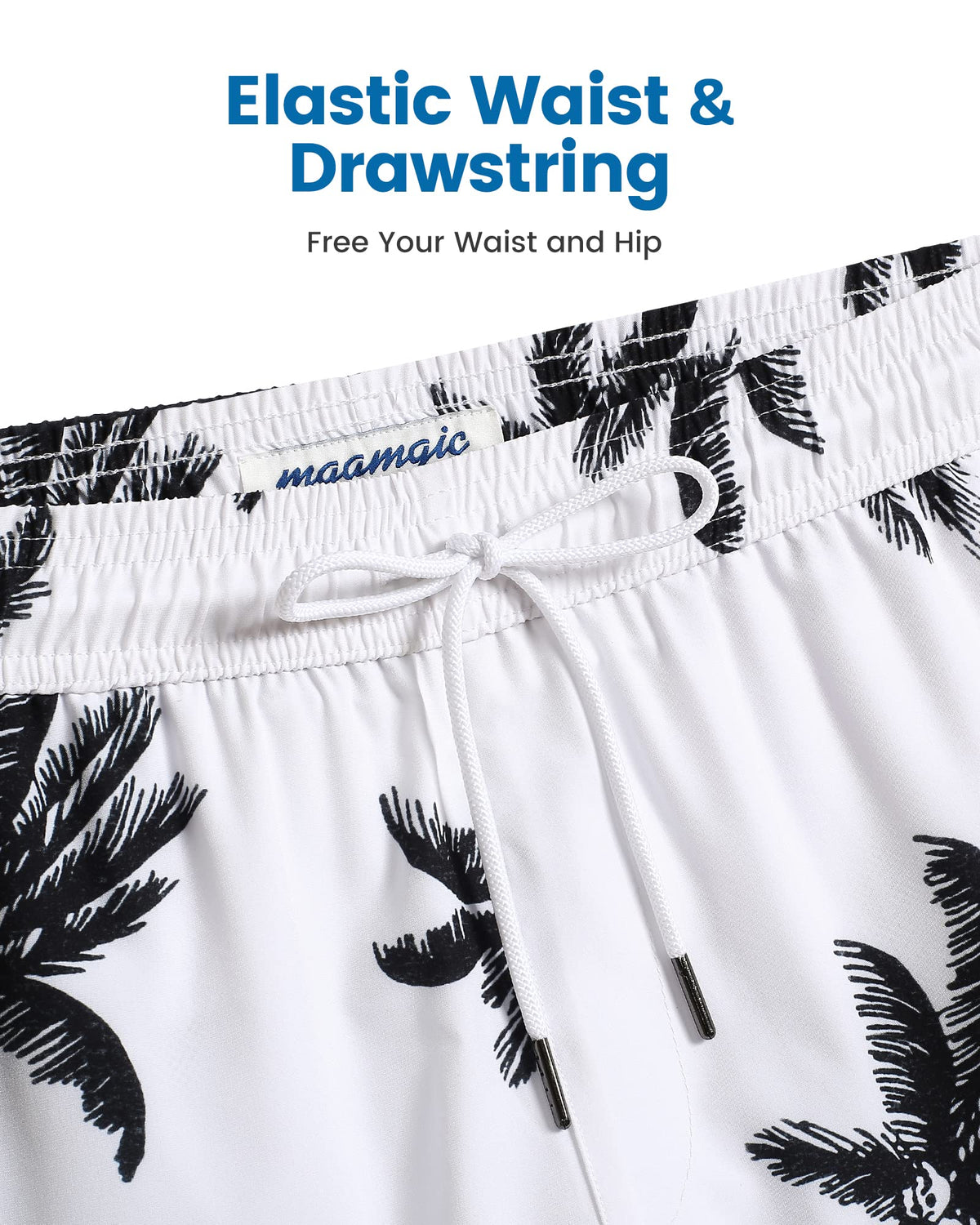 maamgic Mens Swim Trunks with Compression Liner 5 Inch, Quick Dry Bathing Suit with Zipper Pockets, Stretch No-Chafing Swim Shorts, White-Palm Tree Small