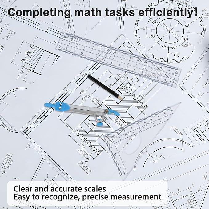 Geometry Set 10 Pcs Student Supplies with Storage Box, Includes 3 PCS Rulers, 2 Types Compasses, Protractor, Pencil, Pencil Sharpener, Eraser and Pencil Lead for Drafting and Drawings