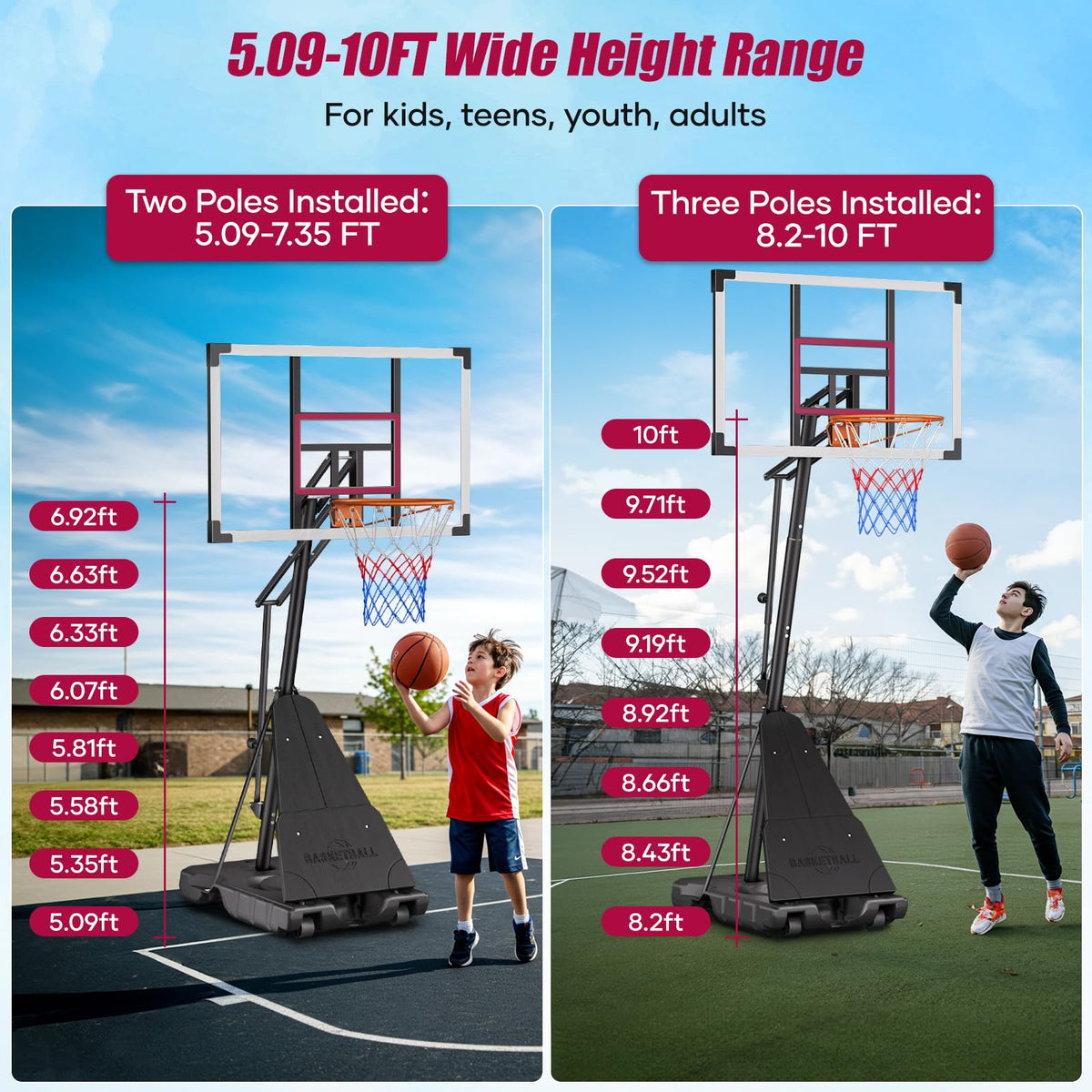Asbest Basketball Hoop Outdoor with 44" Shatterproof Backboard, 5.09-10FT Adjustable Basketball Goal System, Portable Hoop with Wheels & Easy Adjustment for Driveway, Backyard, Court (Purple)