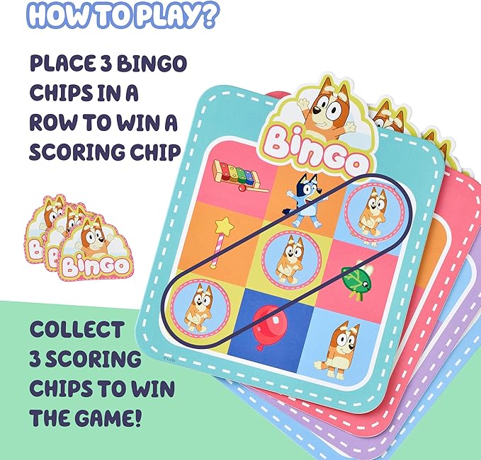 Bluey Bingo’s Bingo Card Game, Kids Image Matching Card Game with 40 Cards, 48 Chips and 12 Scoring Chips, Interactive Fun Games for Kids of Ages 3+