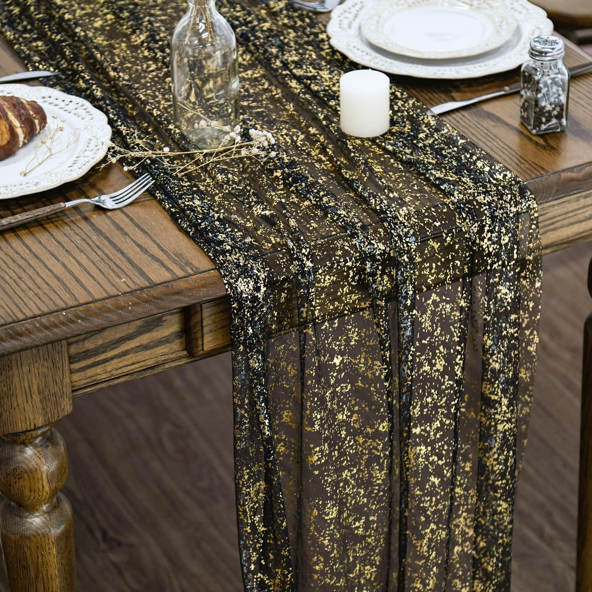 Artoid Mode 3Pcs Beige Gold Gauze Table Runner 120 Inch 10FT, Glitter Metallic Foil Sheer Dining Wedding Anniversary Holiday Birthday Table Decor for Home Party