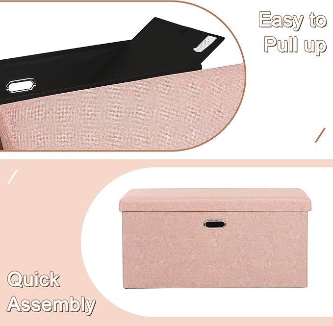VECELO 30'' Folding Storage Ottoman Bench, End of Bed Linen Fabric Foot Rest Stool with Padded Seat, Large Footstools for Bedroom, Living Room, Load 550 lb, Pink