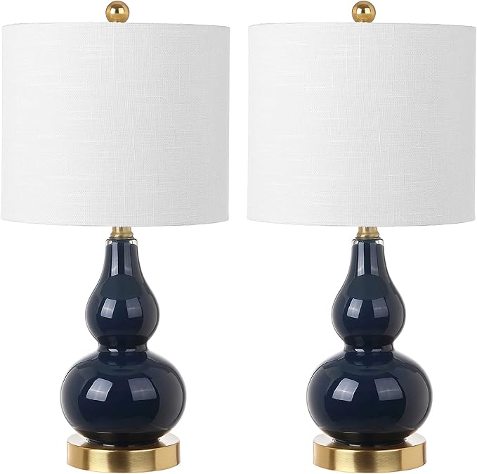 JONATHAN Y 20.5" Navy Glass Table Lamp, Modern Gourd Bedside Nightstand Lamp for Bedroom, Living Room, White Linen Shade, LED Bulb Included (JYL1028F-SET2)