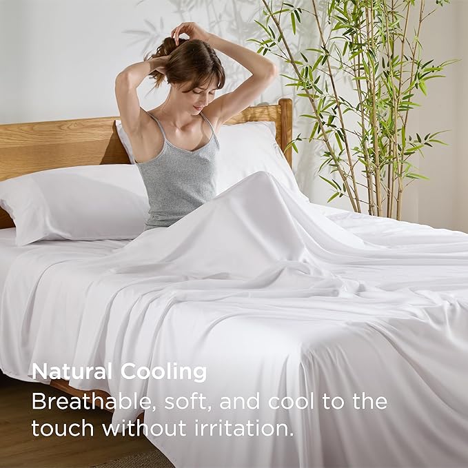 Bedsure Queen Sheet Set, Cooling Sheets for Queen Size Bed Set, Rayon Derived from Bamboo, Breathable & Soft, Deep Pocket Up to 16 Inches, Hotel Luxury Silky Bedding for Hot Sleepers, White