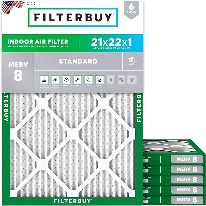 Filterbuy 21x22x1 Air Filter MERV 8 Essential Dust & Allergy Defense,