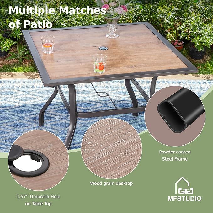 PHI VILLA 37" Square Patio Dining Table Outdoor Furniture Table for Backyard Bistro Garden Deck, Imitation Wood Table Top, 1.57” Umbrella Hole