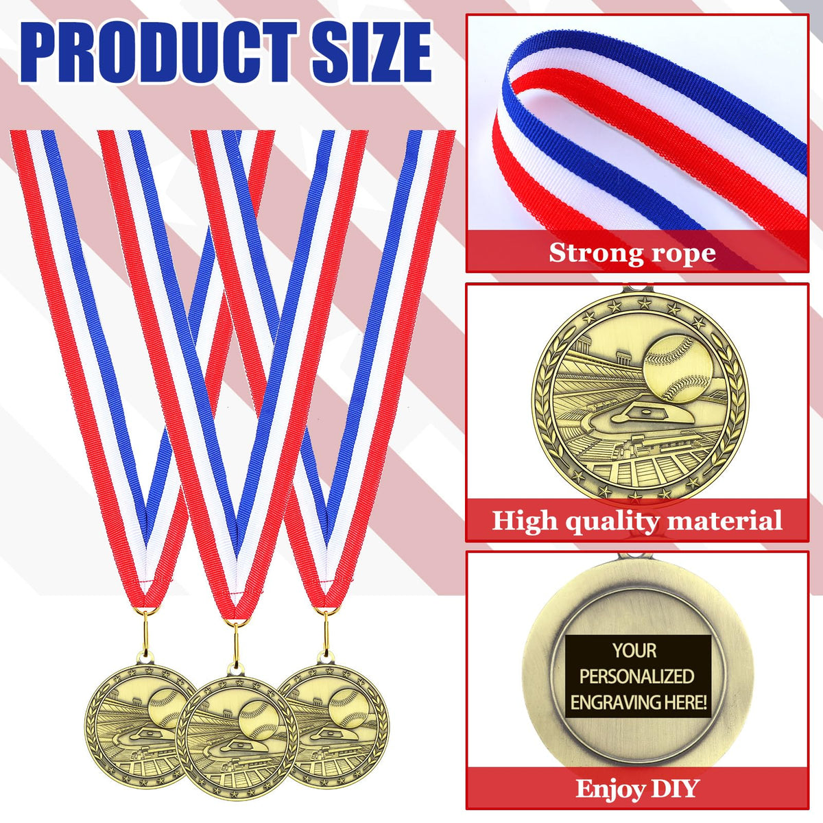 Equsion 36 Pcs 2'' Gold Medals Bulk Volleyball Football Basketball Soccer Baseball Archery Dink Ball Cheer Track Bowling Awards Medals with Ribbons for Sports Participation Winner Gift(Baseball)