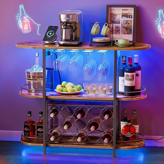 VASAGLE Bar Cabinets for Home, LED Coffee Bar with Power Outlets, Home Mini Bar for Liquor, Freestanding Wine Rack with Glass Holder, Kitchen, Dining Room, Rustic Brown ULWR007K01