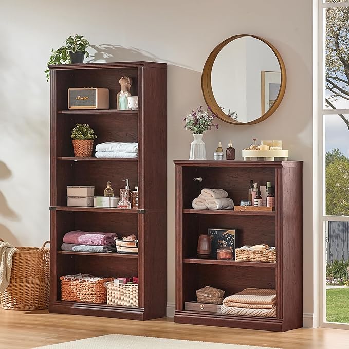 43" Walnut Tall Bookshelf Set of 4,3-Tier Thick Wooden Book Shelf with Adjustable Shelves,Free Standing Farmhouse Bookcase with Open Display Storage,Floor Vintage Bookshelves for Living Room