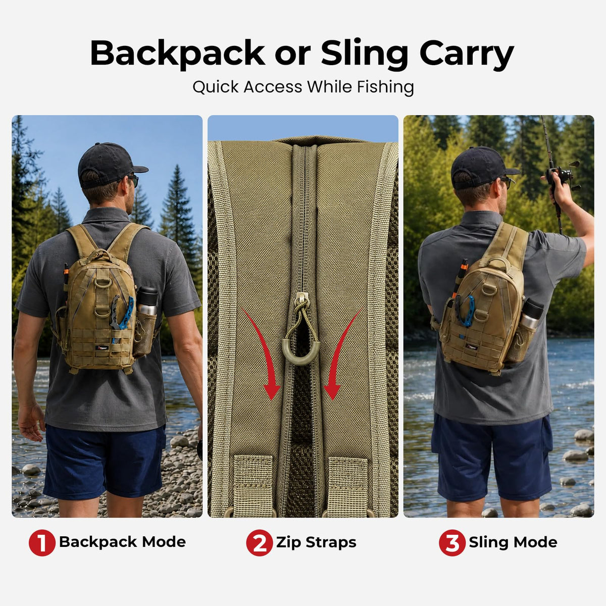 Piscifun Fishing Backpack with Rod Holder, Lightweight Sling Bag Storge Gear and Equipment, Khaki, Latch, Standard