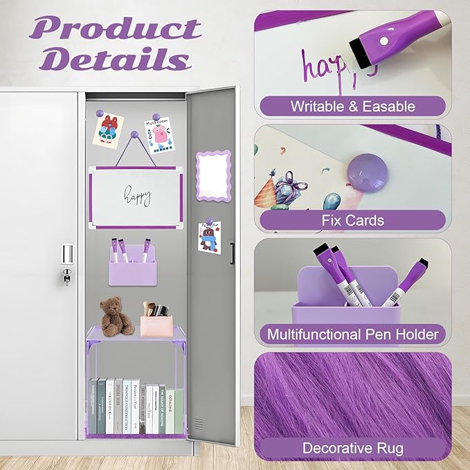 12 Pcs Locker Organizer and Decorating Kit, First Day of School Essentials,Back to School Essentials Locker Decoration, Print Whiteboard with Markers Plush Area Rug String Mirror(Purple)