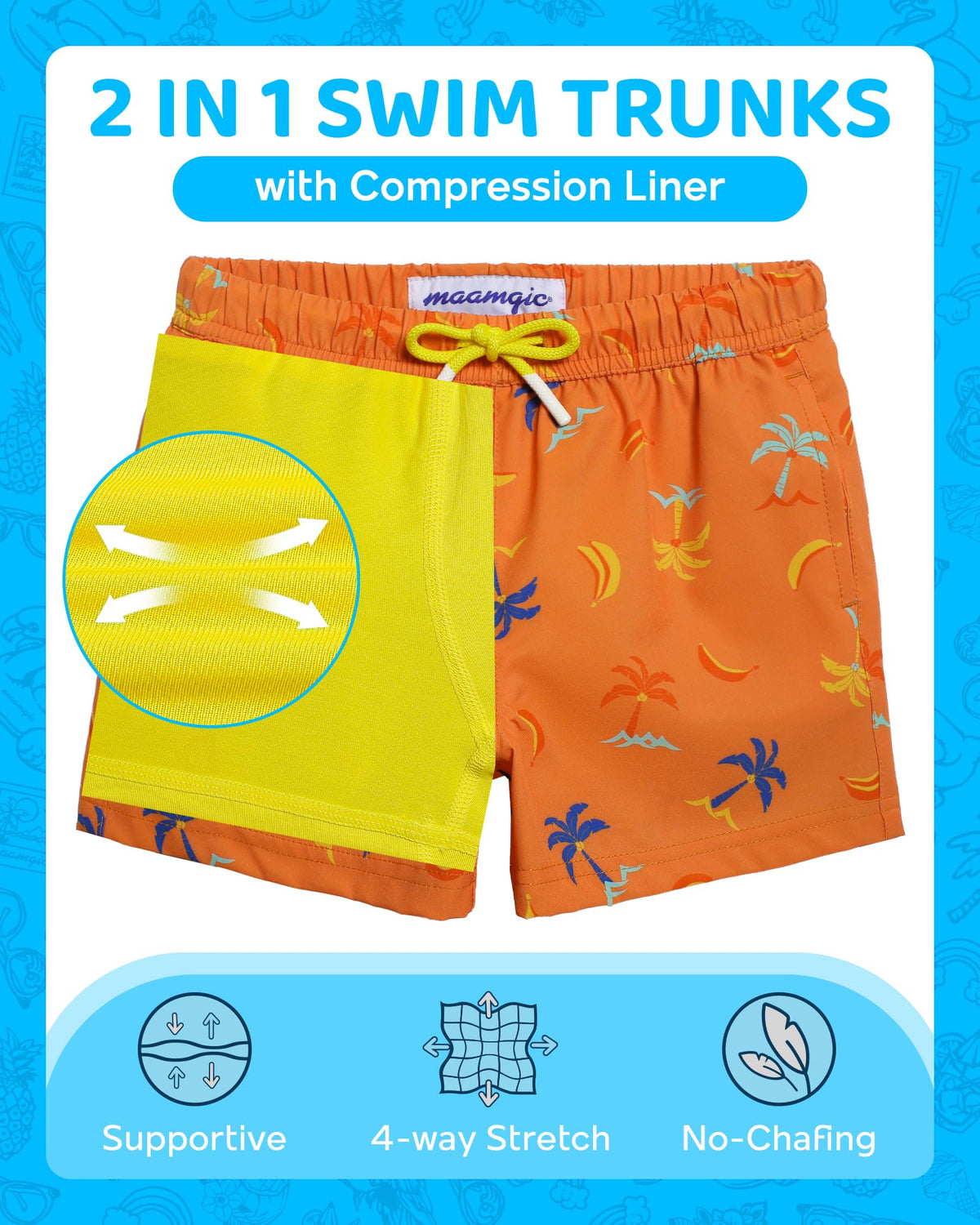 maamgic Boys Swim Trunks with Compression Liner 4-Way Stretch Quick Dry Swim Shorts Swimming Trunks Toddler Boy Coconut Orange 3T