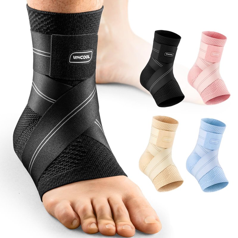 WHCOOL Flat Knitting Ankle Brace For Women&Men, 7-Zone Dynamic Compression Sleeve w/Flex Strap,Foot Support For Sports, Sprained Ankle, Achilles Tendonitis, Plantar Fasciitis Relief(Pack of1)M, Black