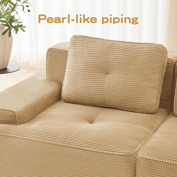 150" Modern Compressed Boneless Couch with Ottoman, 4 Seater Large L Shaped Sectional Couches for Living Room, Camel Corduroy Cloud Modular Sectional Sofa, Memory Foam, Extra Deep, No Assembly