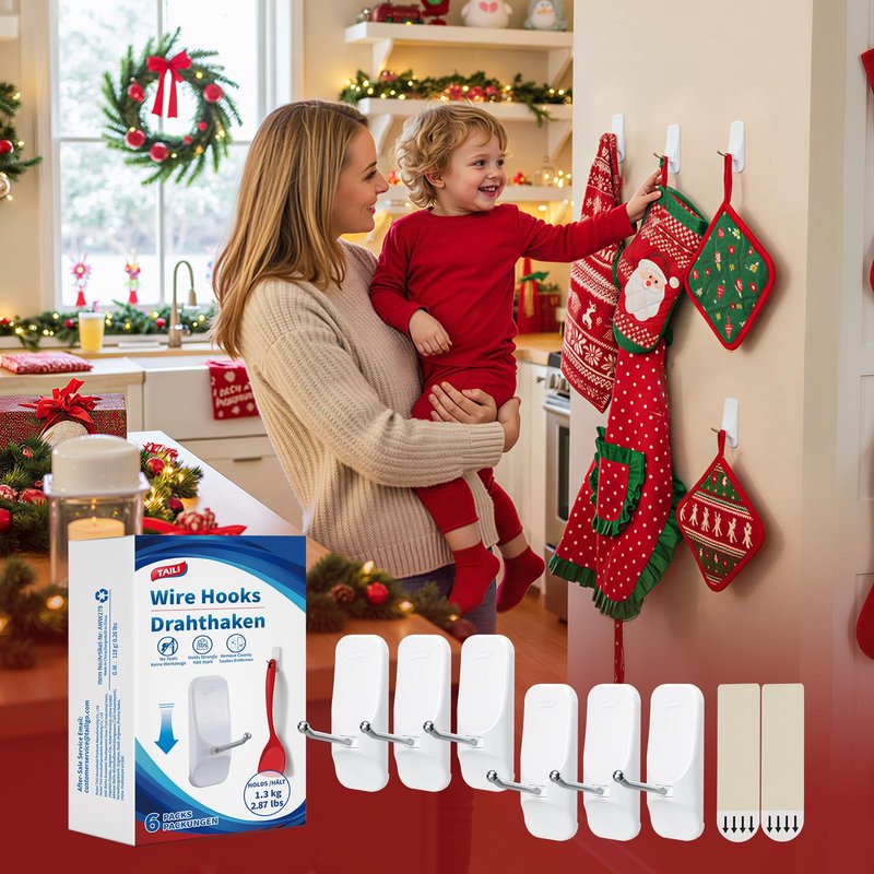 TAILI Hooks for Hanging,6 Wire Sticky Hooks and 8 Adhesive Strips, White Utility Hooks for Painted Wall, No Damage Heavy Duty Holds up to 3 lb, Removable & Reusable for Door, Dorm, Clothes, Kitchen