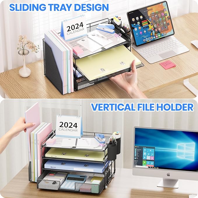 Desk Organizer and Accessories, 4-Tier Desktop File Organizer with Drawer and 2 Pen Holders, Office Desk Accessories, Workspace Organizers for Office Supplies(Black)