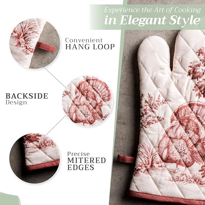 Maison d' Hermine 100% Cotton Oven Mitt & Pot Holder Set (7.5"x13" & 8"x8") Heat Resistant BBQ Cooking Gloves with Loop for Thanksgiving Christmas Decorations Handling Hot Pans (Holy Jouy - Brown)