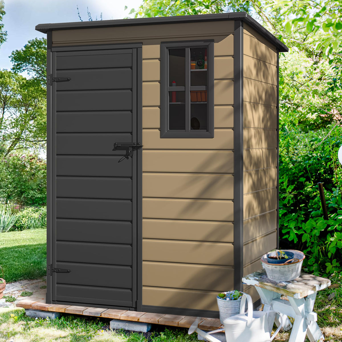 DWVO 5x3ft Resin Outdoor Storage Shed with Floor, Waterproof Lockable Storage Shed with Window, Plastic Outside Tool Storage for Garden Backyard Patio Lawn
