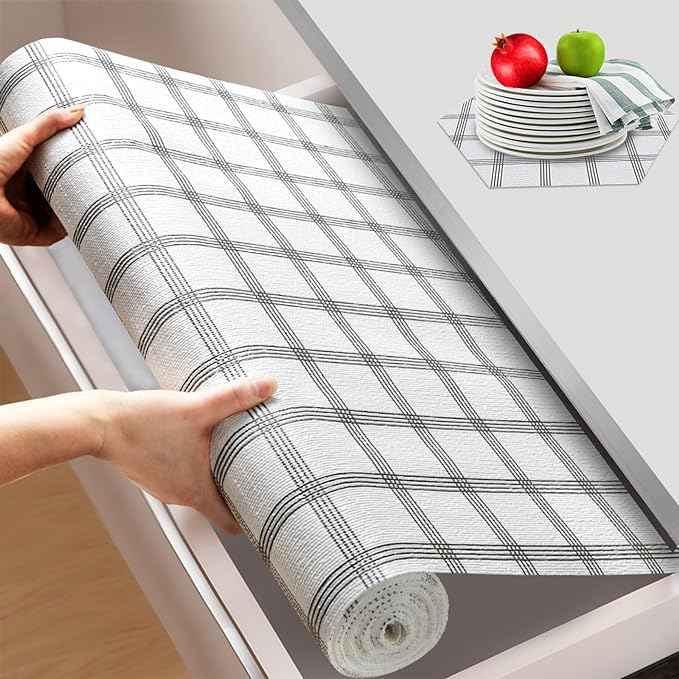 Beautysaid Shelf and Drawer Liner for Kitchen Cabinet, Non Adhesive Non Slip Shelf Paper Waterproof Washable Thickened for Dresser Pantry Shelve Bathroom Protector Liner(Plaid,12 in x 10 FT)