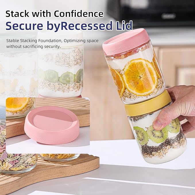 18 OZ 8Pack, Overnight Oats Jars with Lids, Glass Meal Prep Containers, Airtight Mason Jars for Breakfast, Yogurt Parfait, Salad & Smoothies, Leakproof and Reusable Food Storage Jars(8Pack)