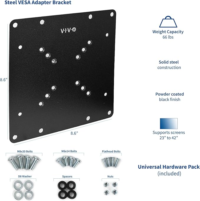 VIVO Steel VESA TV and Monitor Mount Adapter Plate Bracket for Screens 23" to 42" | Conversion Kit for VESA up to 200x200mm (MOUNT-AD2X2)