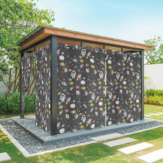 Cartoon Space Outdoor Curtains for Patio Rockets Planets Astronauts Gray