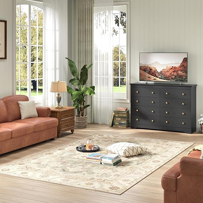 Black Dresser for Bedroom，55" Wide 8 Drawers Dressers,Modern Wooden Chest for Living Room, Hallway